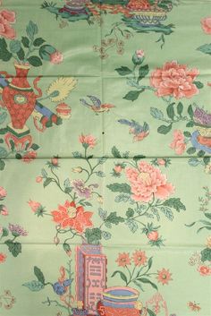 "Chinoiserie Celedon Green Glazed Chintz Fabric w/ Flowers in Vases" | eBay Chinoiserie Patterns, Flowers In Vases, Chinoiserie Mural, Vintage Wallpapers, Chinese Wallpaper, Asian Fabric, Chintz Fabric, Chinese Vintage, Delft Tiles