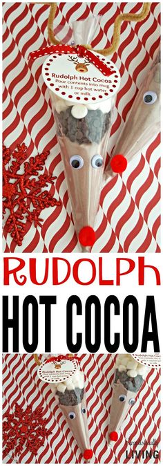 rudolph's hot cocoa in a cup with reindeer noses on it and the title overlay reads rudolph's hot cocoa