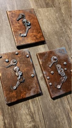 three leather coasters with skeleton keys on them