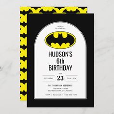 a batman birthday party card with the bat symbol on it's front and bottom