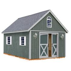 a small gray shed with two doors and windows