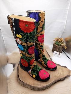 Casual Leather Boots, Floral Boots