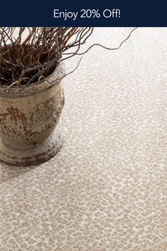 a vase filled with twigs on top of a carpeted floor next to a plant