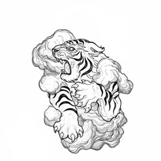 a drawing of a tiger in the air with clouds coming out of its back end