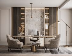 an office with two chairs and a desk in front of a wall mounted bookcase