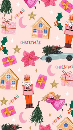 Pastel Christmas Aesthetic Wallpaper, Pink Christmas Collage Wallpaper, Pink Christmas Images, Christmas Scene Illustration, Christmas Party Wallpaper, Iphone Wallpaper Christmas Aesthetic, Pink Xmas Aesthetic, Xmas Aesthetic Wallpaper, Colorful Christmas Wallpaper