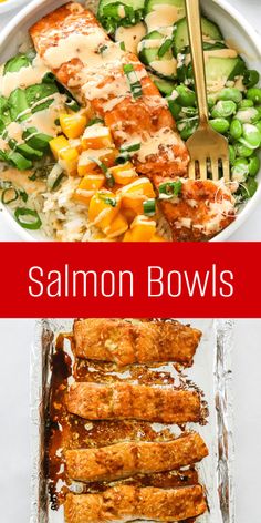 salmon bowl with vegetables and rice in it