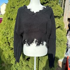 Distressed Cropped Black V-Neck Sweater Can Be Worn Normally Or Off-Shoulder Style! Condition: Never Worn Originally From Shein Size M, Could Fit L Cropped Black Sweater, Super Cropped Sweater, Sweaters Cropped, Ripped Sweater, Black V Neck Sweater, Shein Sweater, Distressed Sweater, Custom Sweaters, Off Shoulder Fashion