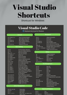 the visual studio shortcuts guide for windows is shown in black and green colors