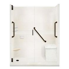 a white shower door with stainless steel handles