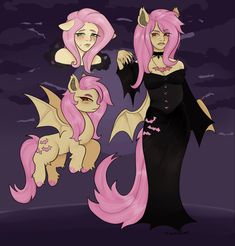 three cartoon characters with pink hair and black clothes