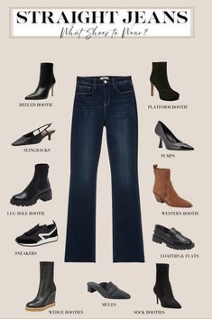 Straight Leg Jeans Shoes Winter, Flare Jean Boots, What Jeans To Wear With Ankle Boots, Straight Leg With Boots, Straight Jeans And Sneakers, Shoes Straight Leg Jeans, Straight Jeans Shoes, Boots With Jeans 2024, Jeans Outfit Winter Aesthetic