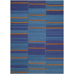 a blue and orange rug with stripes on the bottom, in two rows that are diagonally arranged