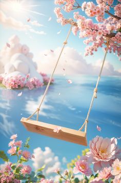 a wooden swing hanging from a tree filled with pink flowers