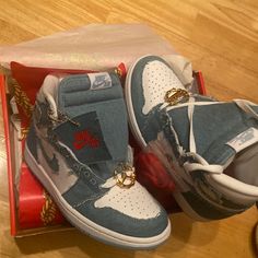 Air Jordan 1 Retro High Denim With Gold Hardware. Unisex Womens Size 7 And 7.5 Let Me Know What Size Air Jordans Closet, Shoe Collection Jordan, High Nike Dunks, Trendy Denim Sneakers For Streetwear, Trendy Denim Blue Sneakers For Streetwear, High-top Denim Sneakers For Streetwear, Denim Blue High-top Sneakers, Denim High-top Sneakers For Streetwear, Denim Blue Sneakers With Round Toe For Streetwear