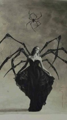 a drawing of a woman in a black dress with large spider webs on her arms