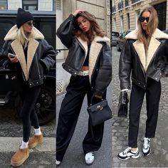 Winter Outfit With Leather Jacket, Shearing Jacket Outfit, Leather And Wool Jacket, Fuzzy Leather Jacket Outfit, Leather Winter Jacket, Black Shearling Jacket Outfit, Shearling Leather Jacket, Sherpa Leather Jacket, Sherpa Leather Jacket Outfit