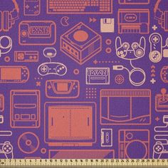 a purple and orange background with various types of electronic gadgets on it, as well as a ruler