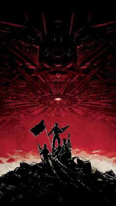 a movie poster for the film red dawn with two men holding flags on top of a hill