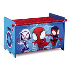 a toy chest with spiderman and other cartoon characters on the front, in blue