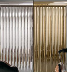 two pictures side by side showing the same room with gold and silver vertical blinds in different stages of being closed