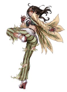 an anime character with long hair and green striped pants, holding a flower in her hand