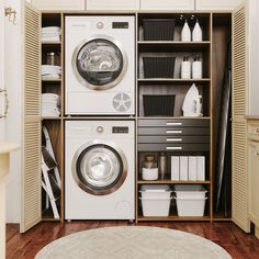 a washer and dryer sitting in a room next to each other on shelves