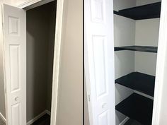 before and after pictures of an empty walk - in closet with black shelving units