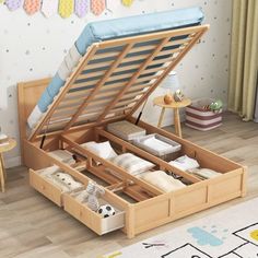 a wooden bed with drawers underneath it in a child's playroom or bedroom