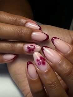 #biab #nails #nailsinspire #bordeaux  #naturalnails #blooming #nailart Simple Nail Design With Gems, Burgundy Nails With Butterflies, Wine And Pink Nails, Small Simple Nail Designs, Burgundy Nails With Flowers, Bloom Flower Nails, Blooming Gel Nail Art Christmas, Christmas Nails Blooming Gel, Maroon Flower Nails