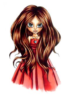 a drawing of a girl with long brown hair and blue eyes wearing a red dress