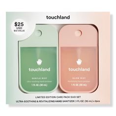 two different packagings for the new touchland perfume set, one pink and one green