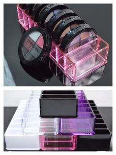 clear and transparent colored acrylic makeup compact holders and beauty care organizer - holds up to 8 compacts. makeup storage/organization. Walmart Makeup, Mirror Lights, Organizer Diy, Makeup Storage Organization, Beauty Organization, Make Up Organiser