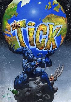 an image of a comic book cover with the words tick on it and a giant blue man