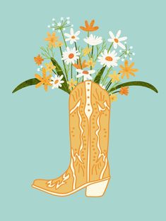 a cowboy boot with daisies and wildflowers in it on a blue background