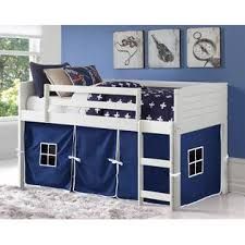 White Twin Louver Loft Bed with Tent-Donco Boy Room Ideas, Twin Low Loft Bed, Wood Twin Bed, White Loft Bed, Low Loft Bed, Red Tent, White Loft, Low Loft Beds, Twin Loft Bed