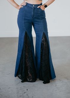 Featuring a stunning mix media lace detail, these jeans are the perfect balance of feminine and edgy style. The wide-leg cut adds a touch of effortless sophistication to any outfit. Laurie and Brittany are wearing a size small. Measurements: Rise: 13" | Inseam: 33" Small: Waist: 28" Medium: Waist: 29" Large: Waist: 32" Self: 75% Cotton 22% Polyester 3% Spandex Contrast: 100% Polyester Visible Mending Jeans Inner Thigh, Diy Bell Bottoms, Denim Diy Clothes, Lace Jeans, Ageless Beauty, Edgy Style, Easy Trendy Outfits, Jeans Diy, Denim And Lace