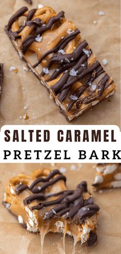 salted caramel pretzel bark with chocolate drizzles on top