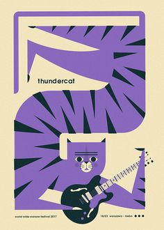 a poster with a cat playing a guitar in front of a purple and white background