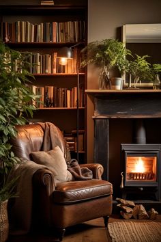 a living room with a chair, fireplace and bookshelf filled with lots of books