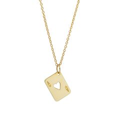 Ace of Heart Pendant in 14k Yellow Gold. Inspired by playing card and tattoo symbolism. In a classic card game, the aces are often the best cards. The Ace of Hearts stands for emotions, desire for love. It also represents new beginning - new relationship or some good news for yourself or someone close. Chain length = 16" (40.6cm) Pendant height =11mm (0.45") Pendant width - 8.3mm (0.32") Handmade in NYC Gift Card Game, Tattoo Symbolism, The Aces, Valentines Gift Card, Card Jewelry, Card Necklace, Ace Of Hearts, Classic Card, Dope Jewelry