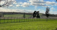 a fenced in field with green grass and trees on the other side of it