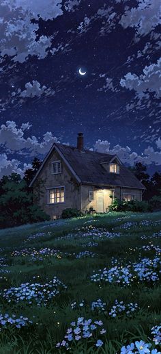 the night sky is full of stars and clouds above a house with flowers in front of it