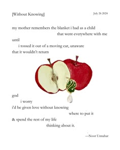 an apple cut in half on top of a piece of paper with words below it