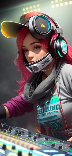 a woman wearing headphones and holding a keyboard