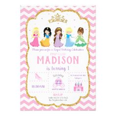 a princess birthday party with pink chevrons and gold foil on the bottom,