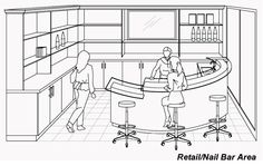 a line drawing of people in a restaurant bar area with stools and counter tops