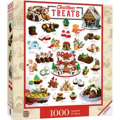 christmas treats jigsaw puzzle is shown in red and white with an image of santa's house