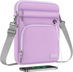 a purple bag with an external charger attached to it