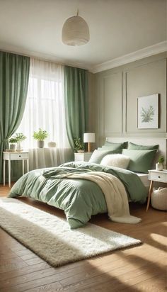 a bedroom with green bedding and white rugs on the wooden floor, along with a large window